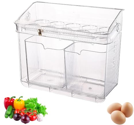 Eier Aufbewahrung Kühlschrank, Eierbehälter für Kühlschrank, Transparenter Kunststoff Eierhalter Organizer mit 2 Aufbewahrungsboxen, Eierspender Kühlschrank mit Tragbarer Griff Timer für 10 Eier