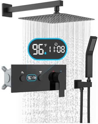 SWHC Duschsystem mit Thermostat Schwarz, LED Digital Unterputz Duscharmatur Set Wandmontage Duscharmatur Komplettset 2 Funktionen Dusche Regendusche Set mit 25cm Regendusche, Handbrause