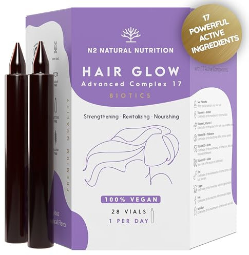 HAIR GLOW, Vitaminas para el Cabello con Biotina, Saw Palmetto, Selenio, Vitamina C, Zinc. Fortalece la Raíz y Ayuda a Prevenir la Caída Capilar. 28 Viales vía Oral. N2 Natural Nutrition