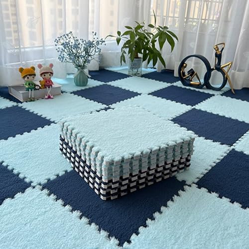 Tappeto ad Incastro, tappetini in Schiuma Soffici, Piastrelle per Pavimenti in Moquette con Puzzle, per Salotto, Camera da Letto (12p) (Blu Navy-Verde Menta, 30 * 30 * 1 cm)