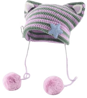 Generisch Frauen-Katzenohren-Mütze mit Bommeln, Stern-Accessoires, Goth-Häkelstrick-Schädelmützen, Alt-Kleidung Fellmütze Damen (Purple, One Size)