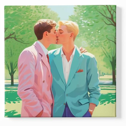 GALERIE SCHÖNE KÜNSTE - KUSS DER MÄNNER - Jung verliebt, Leidenschaft, Erotik - Kunst extravagant im British Pop Art Style - Feuerwerk der Farben - Leinwand auf Keilrahmen - Aufhängefertig 30x30 cm