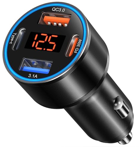 USB C Car Charger, 4-Port 65W Dual 12V USB-A & USB-C Car Phone Charger with Voltmeter PD/QC 3.0 Fast Charging Cigarette Lighter Adapter for iPhone 16e 15 14 13 12 11 Pro Max,Samsung, Android(Black)