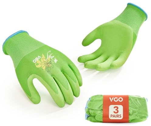 Vgo... 3 Paar Damen Gartenhandschuhe - Latex beschichtet Rutschfest, Atmungsaktiv & Langlebig für Outdoor, Bau, DIY | Maschinenwaschbar, Flexible Passform (3Paar/L/Grün/RB6013-G)
