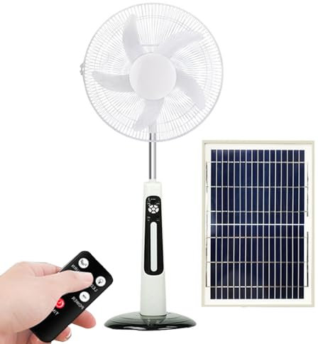 MZQMK Ventilador De Pie, Ventilador De Pie Solar con Mando A Distancia Temporizador Velocidades Potente con 5 Aspas Instalación Sencilla