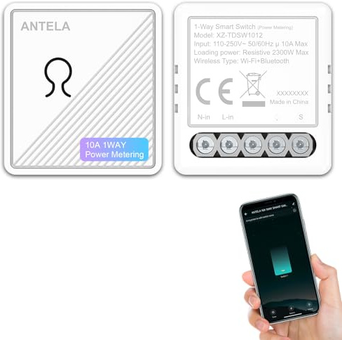 ANTELA Interruptores Relé WiFi Inalámbricos,1 Canal 10A Control APP,Por Voz, mini Interruptor Inteligente,Control de la energía, protección contra sobrecargas,Compatible con Alexa y Google Home,2pcs | Monitoreo de corriente, compatible con Alexa Google Home, aplicación Smart Life, no requiere hub