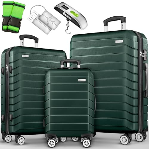 tillvex® Set di 3 valigie da viaggio + bilancia per bagagli, 3 cinghie per valigie e 3 etichette per bagagli, set da 4 ruote, trolley valigia TSA, serratura rigida M-L-XL, verde militare