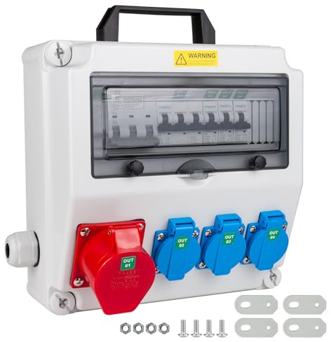 WSPIHO Baustromverteiler mit Fi Schalter Typ A, 40A 30mA RCBO Wandverteiler mit CEE Steckdose 16A, Stromverteiler Wasserdicht mit Griff für Verteilerkasten(3×16A 1P LS+1×16A 3P LS+ FI/LS mit Griff)