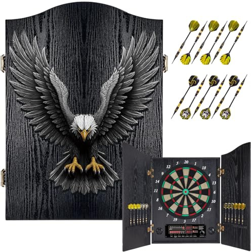 Yirinatek Dartscheibe Elektronisch, Dekoratives Elektronische Dartscheibe Schrank-Set [12 Bronze Soft-Tip Pfeile][Cricket-Spielmodus], Profi E Dart Scheibe mit Holzschranktüren - Vintage