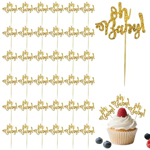 36 PCS Baby Shower Cake Toppers, Gold Oh Baby Cupcake Toppers for Baby Gender Reveal Party, Baby Boy Girl Shower Decorations, Glitter Baby Shower Decor for Cakes, Cupcakes, and Party Desserts