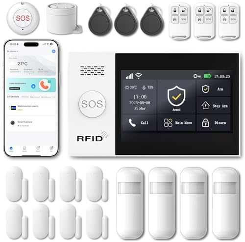 XUK Systeme Alarme Maison sans Fil – sans Abonnement ni Frais Mensuels – Kit Alarme Maison Complet avec Écran Tactile, Détecteur de Mouvement, Détecteur d’Ouverture, Sirène – Works with Alexa