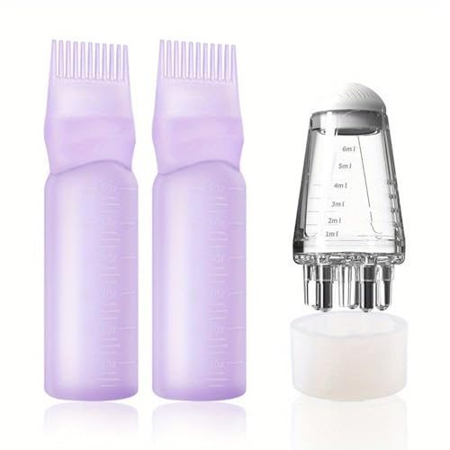 YXL 2 Hair Oil Applicator Bottle and 1 Scalp Massagers, Hair Dye Brush Applicator Bottle with Graduated 6 Ounce Scale, Suitable for Salons and Home DIY, Purple