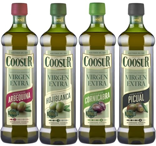 Coosur - Pack Aceites Oliva Virgen Extra Monovarietales. Variedad Cornicabra, Picual, Hojiblanca y Arbequina. 4 Botellas de 1 Litro.