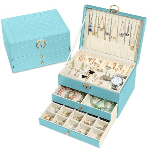 Granbest 3-skiktigt smyckeskrin med 2 lådor, Elegant smyckeskrin, läder smyckeslåda Perfekt för halsband, armband, ringar och örhängen (Himmelsblå)