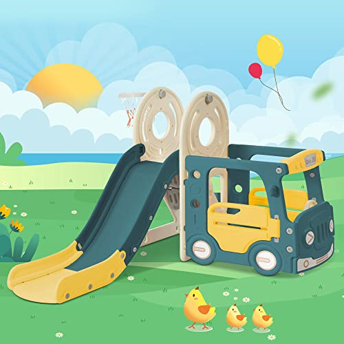 Toboggan de bus 4 en 1 pour enfants, appareil de jeu d'extérieur avec panier de basket et échelle d'escalade, toboggan en polyéthylène haute densité pour le jardin, 3 à 8 ans
