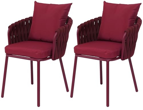 Mendler 2er-Set Aluminium-Gartenstuhl HWC-P89 Stoff/Textil - Bordeaux | Gartensessel, Outdoor, Stuhl, (180g/m²) Seilgeflecht, Rope