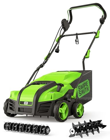 SWIPESMITH Electric Dethatcher Scarifier, 16-Inch 15 Amp Lawn Dethatcher with 5-Position Depth Adjustment, 14.5 Gal Removable Thatch Collection Bag, Quick-Fold, Keeps Lawn Health