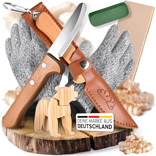 WOLKENGLÜCK® Schnitzmesser für Kinder ab 6 Jahre [sicher & abgerundet] – Outdoor-Taschenmesser mit Holzgriff – Schnitzset inkl. Etui, Handschuhen, Schärfset & Anleitung für sicheres Schnitzen