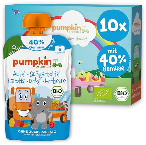 Pumpkin Organics Bio Gemüse-Quetschie mit Dinkel ohne Zuckerzusatz¹ 10x100g | Bio Gemüse-Getreide-Quetschie mit Elefant, 40% Gemüse und weniger Fruchtzucker, ab 6 Mo; idealer Beikost- bis Schulsnack