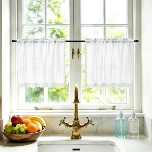 GFCC Scheibengardinen Modern Küche Bistrogardine 2er Set H45xB90cm Weiß | Leinenoptik Küchengardinen Kurz mit Stangendurchzug Landhausstil Scheibengardine Fenstergardinen für Wohnwagen Schrank Café