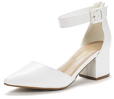 DREAM PAIRS Womens Low Mid Block Heels Mary Jane Ladies Ankle Strap Court Shoes Sandals Annee White Pu Size 7 US/ 5 UK