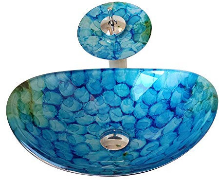 HomeLava Lavabo Vasque en Verre Trempé Bleu, avec Robinet Cascade à poser la salle de bain