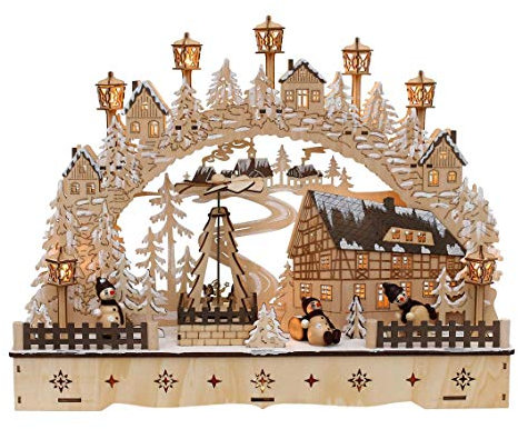 Dekohelden24 Arco a LED in legno con piramide natalizia mobile, motivo: pupazzi di neve, lunghezza 45 x 12 x 35 cm, per funzionamento a batteria o adattatore.