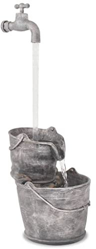 vidaXL Wasserspiel mit Hahn Eimern Pumpe Gewindebohrer Springbrunnen Zierbrunnen Gartenbrunnen Brunnen Innen Außen Polyresin Grau 34x32x91,5cm
