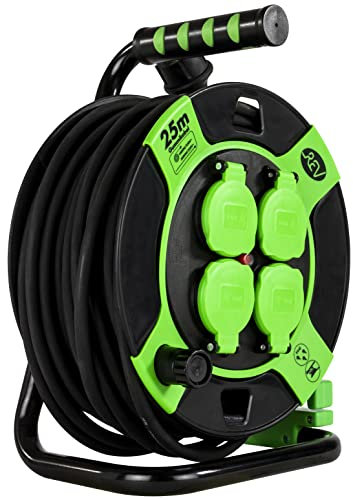 REV Kabeltrommel, Verlängerungskabel, Outdoor, IP44, 4 Steckdosen, Thermoschalter, 25 m, bis 3000W, schwarz