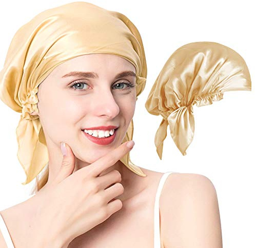 XCOZU Schlafhaube aus Seide - Atmungsaktive und Bequeme Schlafmütze, Nachtmütze, Kopfbedeckung zum Haare Schützen für Damen (Champagner)