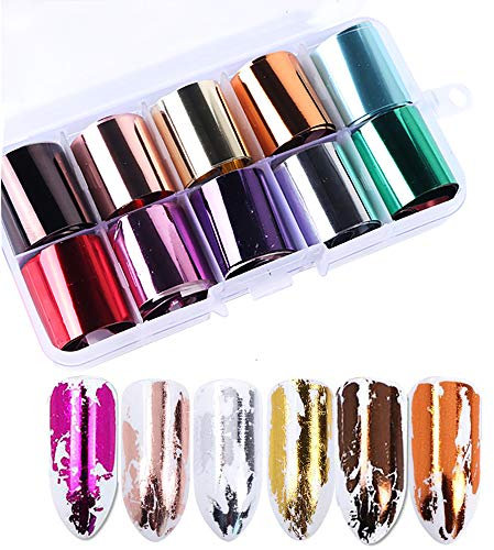 Mwoot 10 Stück Nagelfolie Transfer Aufkleber, Rose Gold Sternenhimmel Nagel Decals Nail Art Tipps Warps glänzend DIY Aufkleber, Holographische Glas Papier Nagel Dekorationen Kit