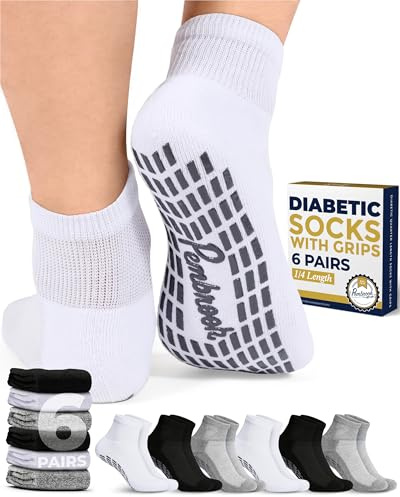Pembrook Diabetic Ankle Socks for Men & Women with Grips | 6 Pairs Quarter Length Wide Non Binding Diabetic Socks for Men Non Slip | Edema, Neuropathy for Women & Men