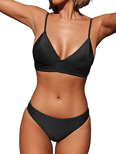CUPSHE Damen Bikini Set Triangel Bikini Bademode Low Rise Brazilian Gerippter Zweiteiliger Badeanzug Swimsuit Schwarz L