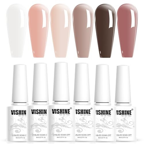Vishine UV Nagellack Natur rosa, Milchig Weiss, Hautfarbe, Klassischer Natur Gel Nagellack Rosa Weiss Töne Serie Farbe UV-LED UV Gel Lack 6pcs