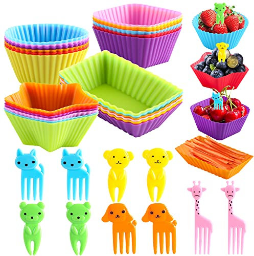 WSmelon Silicone Lunch Box Dividers for Kids, 24 Pcs Bento Box Dividers with 10 Animal Food Picks, Reusable and BPA Free