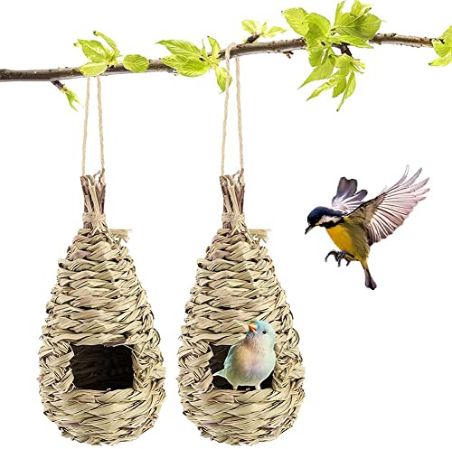 2 Pezzi Nido per Uccelli, Casetta per Uccelli, Casetta per Uccelli da Appendere, Natural Casa degli Uccelli di Paglia, per Colibrì, Pappagalli, Passeri e Altri Piccoli Uccelli