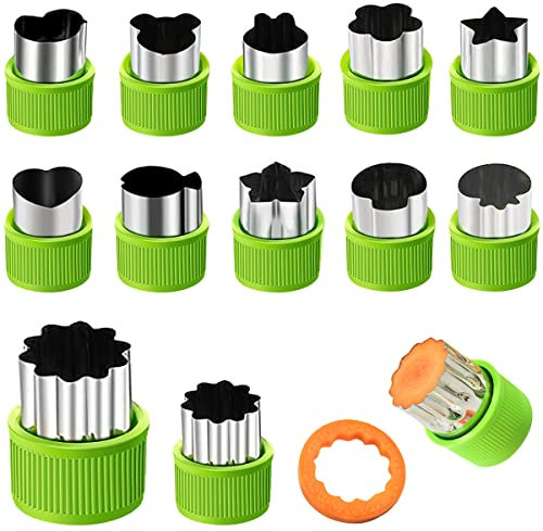 Moldes Galletas, RosyFate 12 Pcs Cortadores de Verduras para Niños, Cortador de Galletas, Acero Inoxidable, con Mango Antideslizante, para Pasteles, Galletas, Frutas, Verduras (Verde (12 piezas))