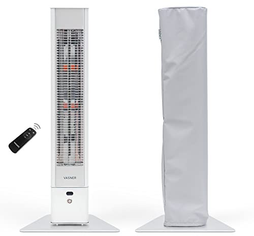 VASNER HeatTower weiß + AirCape grau – Infrarot Standheizstrahler 2500 Watt mit Abdeckhaube, Heizstrahler Terrasse, 4 Heizstufen, Fernbedienung, Terrassenstrahler elektrisch, IP65 Outdoor Schutz