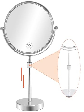 Nicesail 48,3 cm hoher Make-up-Spiegel mit 10-facher Vergrößerung, 20,3 cm doppelseitiger Tischspiegel mit Sockel, höhenverstellbar, Chrom-Finish