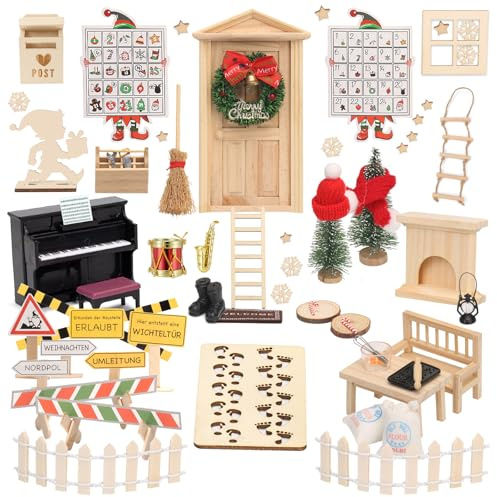 Wichteltür Set, 95Pcs Wichteltür Komplettset Wichteltür Zubehör Weihnachten, mit Wichtel Baustelle, Mini Musikinstrument Set, Feentür, Backenset, Weihnachtsbaum, Weihnachten Geschenke für Kinder