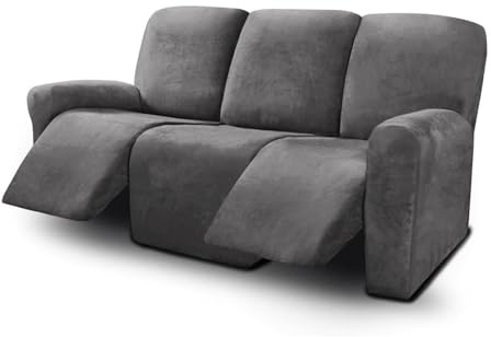 HonunG Sofabezug 8 Stück Velvet Schonbezug Stretch Bezug Einfache Passform Relaxsofa Bezüge Couch Sesselbezug 3 Sitzer Sesselschoner für Relaxsessel Möbelschutz für Wohnzimmer (Grau)