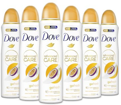 Dove Deodorante Spray Advanced Care Go Fresh Passion Fruit, con Formula Idratante e Delicata sulla Pelle, Senza Alcol, Pelle Asciutta Fino a 72 Ore, Deodorante Uomo e Donna, 6 Pezzi da 150ml