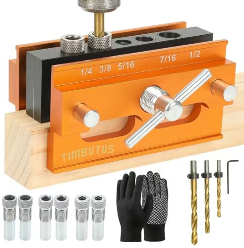 TIMBUTUS Self Centering Doweling Jig, Dowel Jig Kit Width Adjustable for Straight Holes Biscuit Joiner Tools with 3 High Speed Steel Drill Bits, 6 Drill Guide Bushings