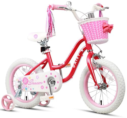 Glerc Daisy 12 Zoll Kinderfahrrad Alter 1 2 3 4 Jahre alte Mädchen Kleinkinderfahrrad mit Stützrädern & Korb & Luftschlangen，rot