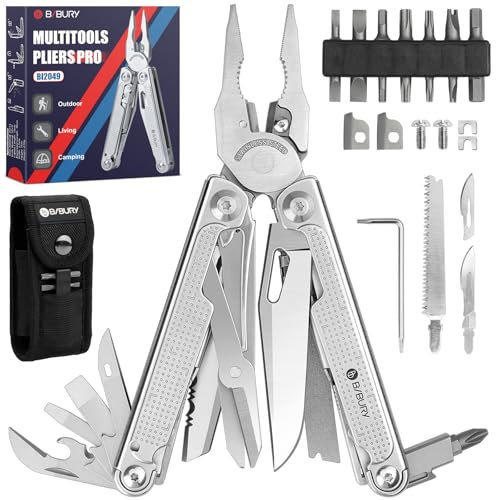 BIBURY Multiherramientas, alicates plegables con hoja de sierra mejorada y bisturí,regalo para hombres,Navaja Multiusos de Acero Inoxidable para la trabajo exterior, camping, reparación - Pro BI2049