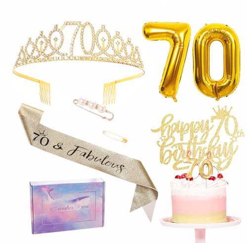 Gold 70th Birthday Decorations - Women's Sash Tiara Set, Party Pack Sash Crown, Number 70 Foil Balloons, Cake Topper Candle, Gifts for Her