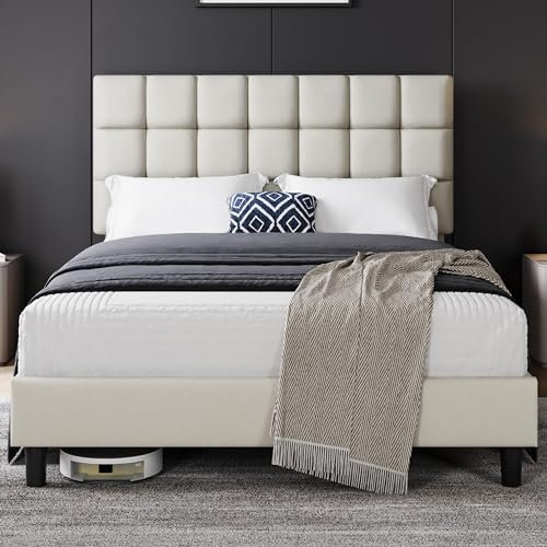 Yaheetech Polsterbett 140 x 200 cm Doppelbett mit Höhenverstellbarem Kopfteil, Stabiler Bettrahmen Stoffbett mit Lattenrost, Gepolstertes Bettgestell Bett, Beige