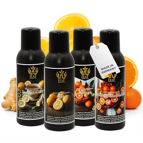 HAF Saunaaufguss Set „Zitrusfrüchte“ - 4 x 100ml Sauna Aufgussmittel Citro, Ingwer-Citro, Orange, Orange Mandarine - Saunaduft mit natürlichen ätherischen Ölen & ohne Zusätze