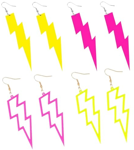 KOLZEMV 4 par neon örhängen, 80-tal neon blixt örhängen vintage örhängen, akryl blixt mode örhängen för kvinnor fest 80-talet eller retro kostymfest, dam fantasy tillbehör