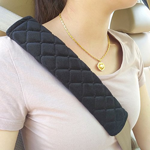 Seat Belt Comfort Pads – 2-Pack Car Seat Belt Covers with Hook & Loop Strap, Travel Cushion for Added Comfort, Adjustable Black Seatbelt Shoulder Pads
